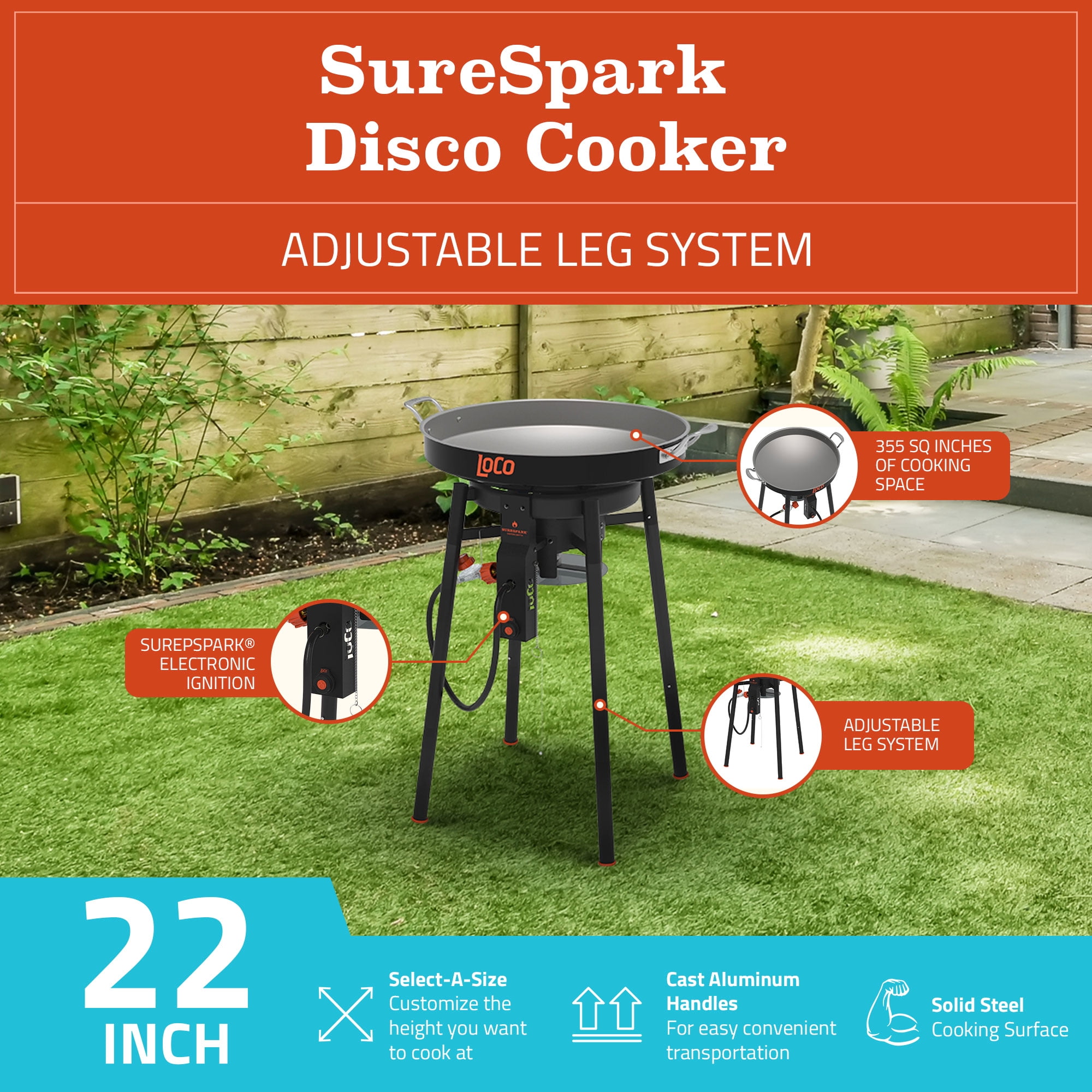 LoCo Cookers 22" Propane Outdoor Disco Cooker with Interchangeable Legs & SureSpark Ignition