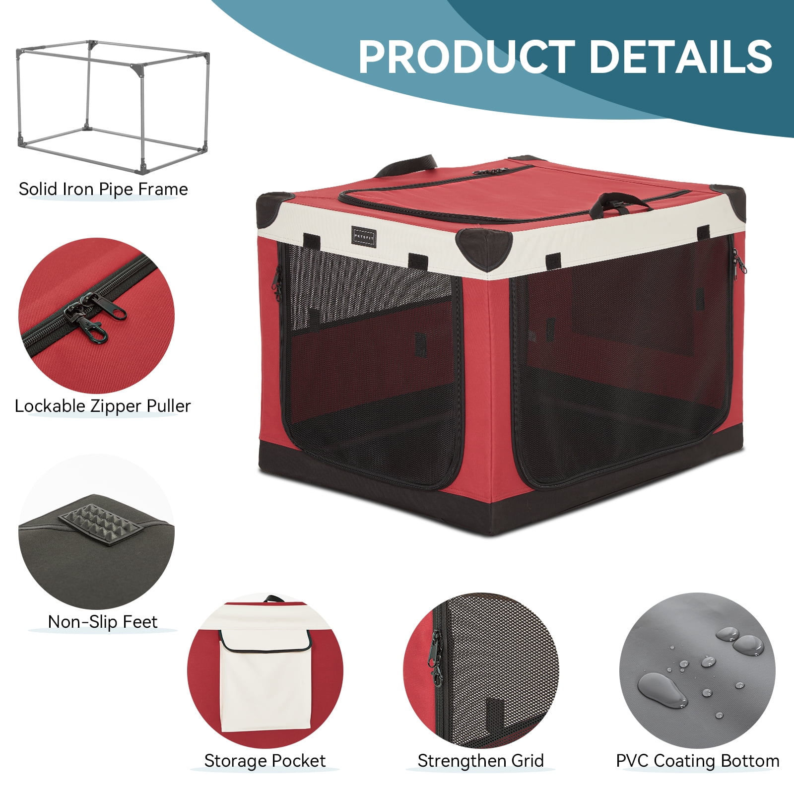 PETSFIT 30inch Soft Sided Dog Crate, Dog Travel Crate-Lightweight, Easy Setup, Sturdy Portable Dog Crate, Adjustable Framework with 3 Mesh Door, Portable Collapsible Dog Kennel, Red
