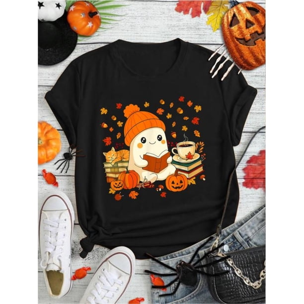 100% Cotton Cute Ghost Reading Book Lovers autumn Fall Halloween Ghost T-Shirt Print Round Neck Short Sleeve Streetwear Fashion Breathable Homme Soft unisex Designer Clothes For Women Casual Clothes