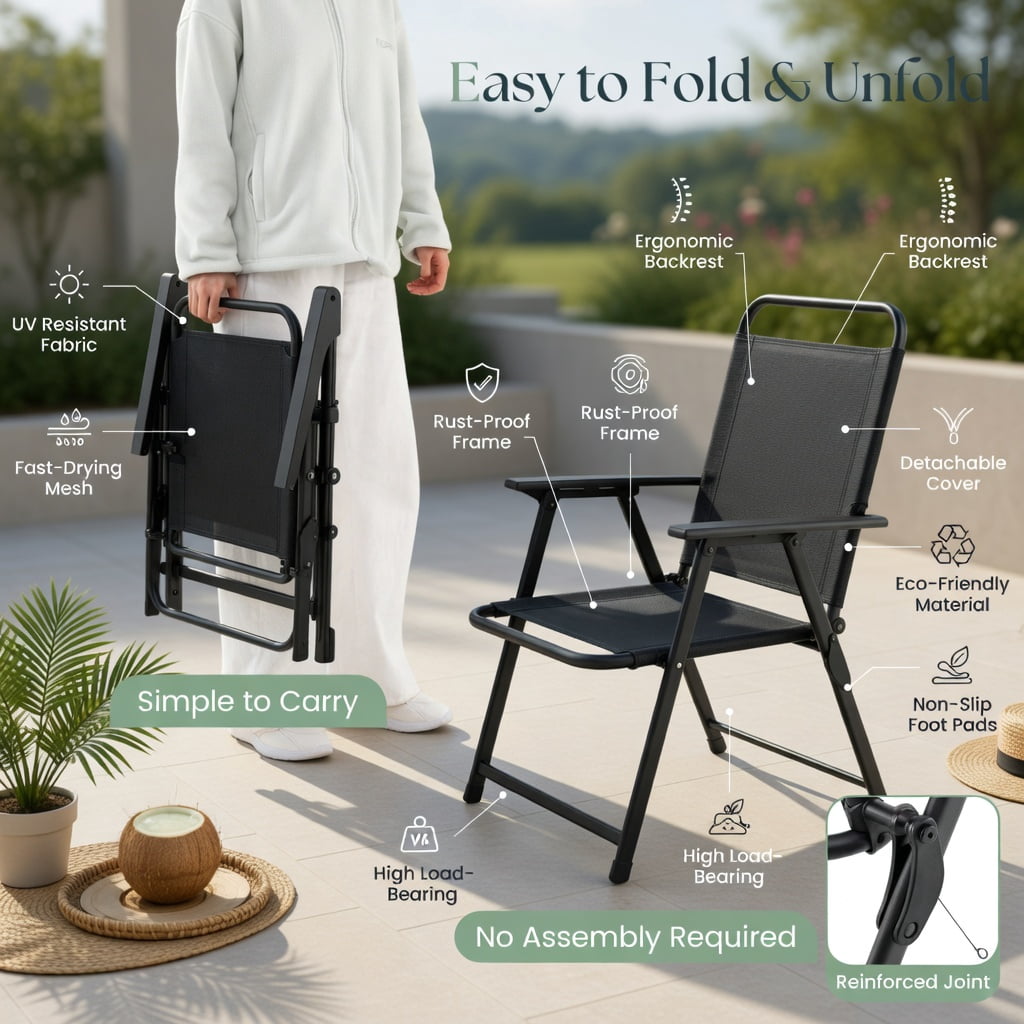 Hommoo 2-Pack Foldable Outdoor Chairs, Breathable Mesh Seat, Rust-Resistant Steel Frame, Lightweight & Portable for Camping, Backyard, Garden, Black