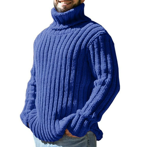 JTieacloth Casual Mens Sweaters Mens Autumn And Winter Fashion Casual Turtleneck Color Matching Knitted Wool Coat Sweater(Blue)