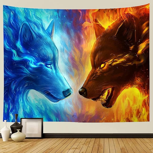 Jinsinto Wall Decor Frost Wolf And Flame Wolf Tapestry Wall Hanging Colorful Psychedelic Wolf Image Digital Printing Wall Tapestries Home Decor For Livin