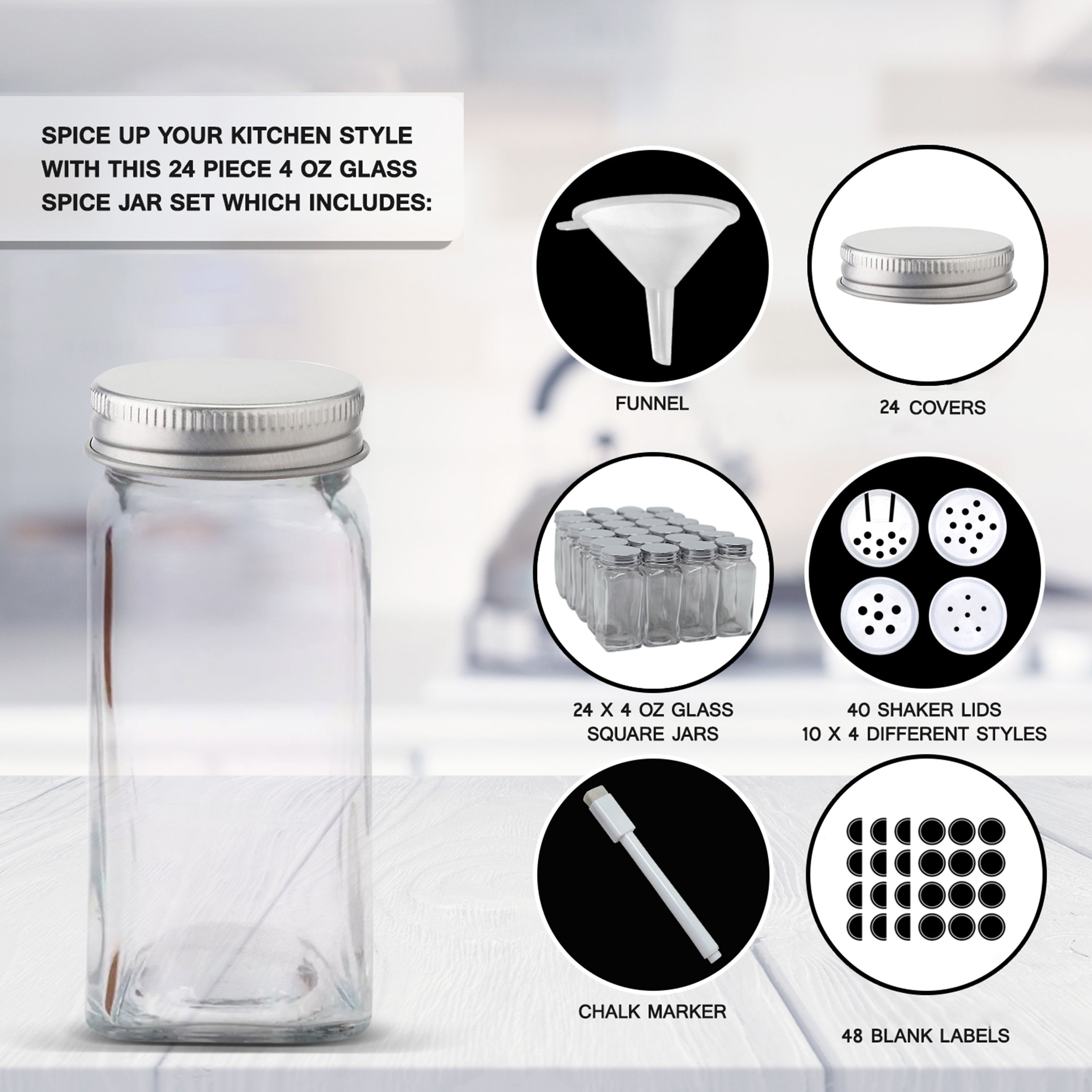 nicebottles Clear Glass Spice Jars, 4 Oz, Square with Silver Lids and  Silicon Funnel, Case of 12