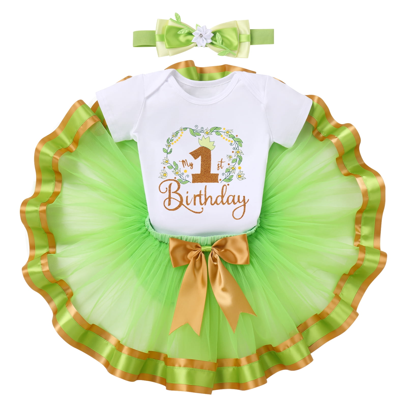 IBTOM CASTLE Baby Girls 1st Birthday Outfit Princess One Cosplay Character Romper Tutu Dress Headband Party Clothes for Photo Shoot 1 Year Green - Tiana