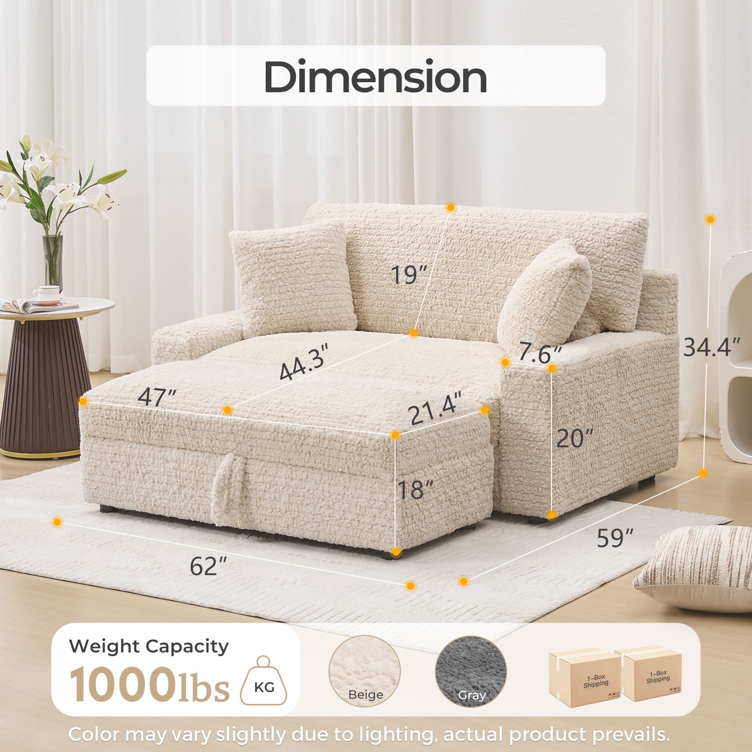 Boucle Oversized and Convertible Sleeper Loveseat with Storage Ottoman and Pillows, Beige
