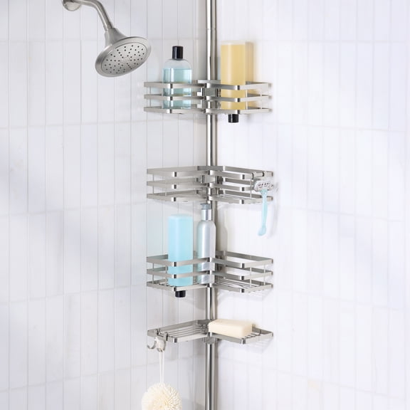Better Homes & Gardens 4-Tier Rust Resistant Tension Pole Shower Caddy, Satin Nickel