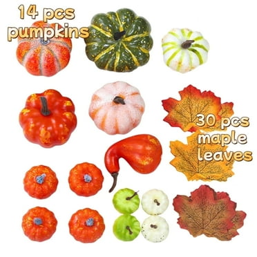 Mini Artificial Pumpkin Decor with Faux Maple Leaves 44 PCS - Fall Thanksgiving & Halloween Decorations for Home
