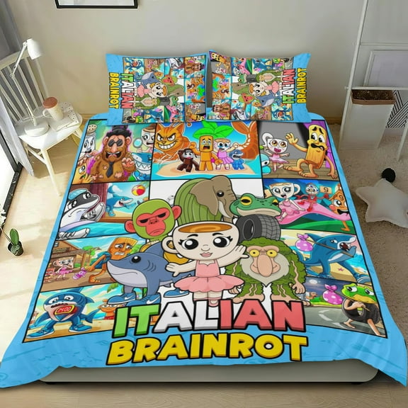 3 Piece Bedding Set For Italian Brainrot Tung Tung Sahur Duvet Cover Sets Comforter Cover Set Cute Super Soft For Teens Kids Bedroom Gifts,1 Duvet Cover with 2 Pillowcases Twin