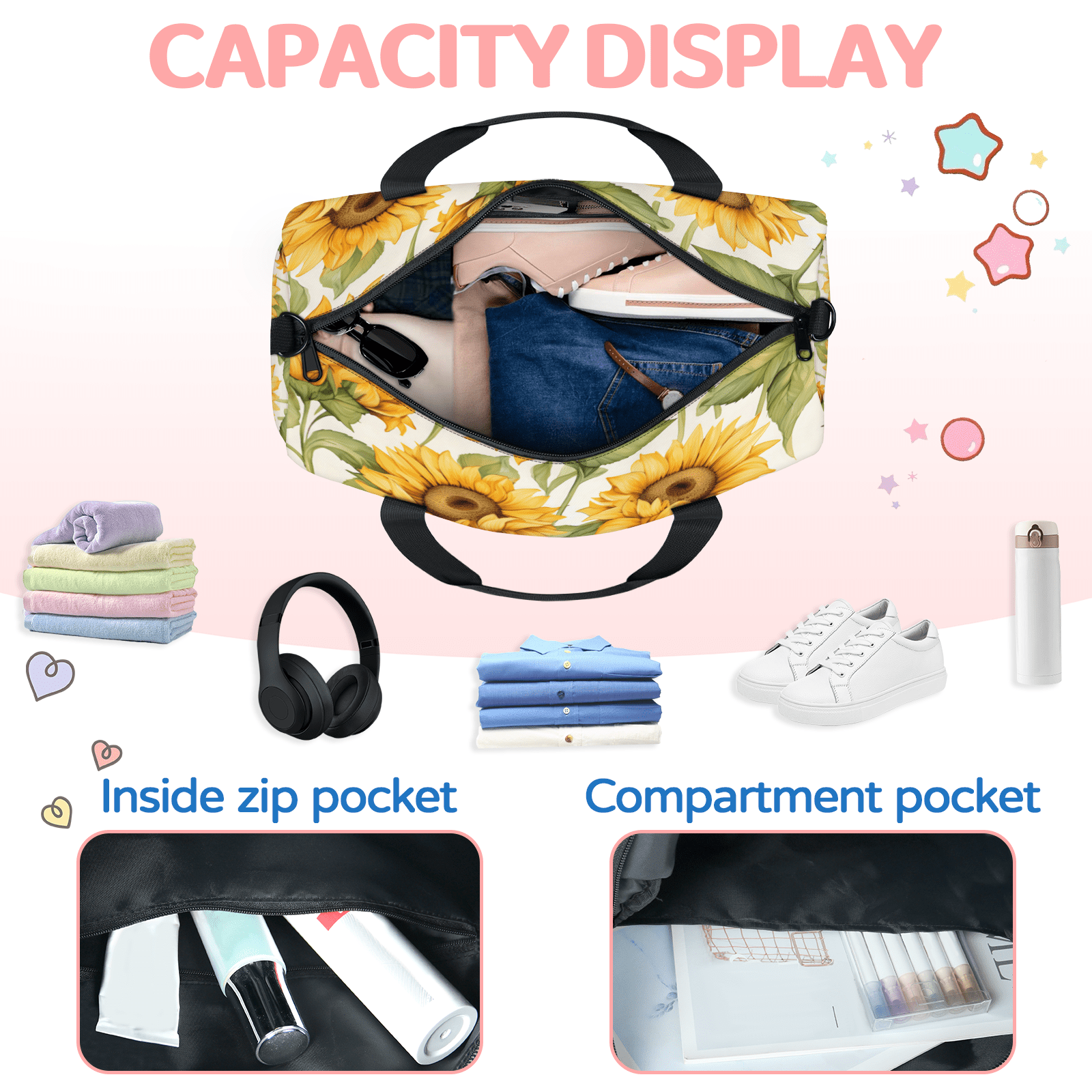 Herdesigns Sunflower Gym Bag for Women, Duffle Bag for Travel Sport, Lightweight Waterproof Carry on Weekender Overnight Dance Yoga Workout Bags