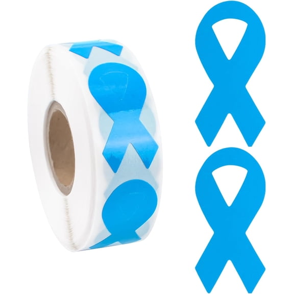 500PCS Light Blue Ribbon Sticker, Prostate Cancer Colon Cancer Awareness Stickers Ribbon-Shaped Stickers Roll for Fundraising Events,1.9 * 3.8cm