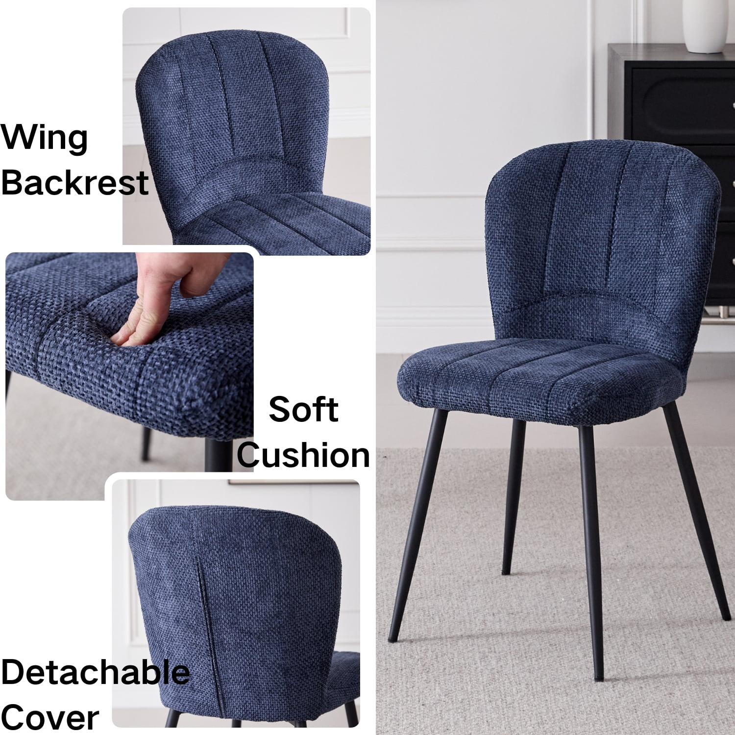 Dining Chairs Set of 4, Upholstered Chenille Fabric Kitchen Chairs With Metal Legs, Wingback Elegant Tufted Accent Vanity Chair For Dinner, Bedroom, Living Room, Apartment, Blue