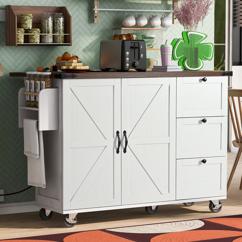 Farmhouse Kitchen Island with Barn Door & Adjustable Shelf, Kitchen Storage Cart with Drop Leaf, Spice Rack & Power Outlet
