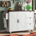 thumbnail image 2 of Farmhouse Kitchen Island with Barn Door & Adjustable Shelf, Kitchen Storage Cart with Drop Leaf, Spice Rack & Power Outlet, 2 of 13