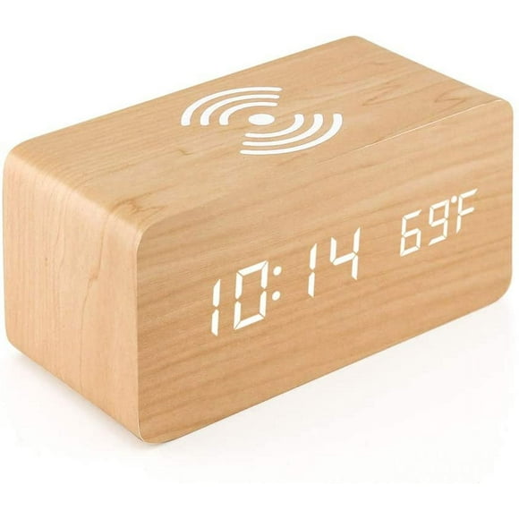 Zshan Alarm Clock with Qi Wireless Charging Pad Compatible with iPhone Samsung Wood LED Digital Clock Sound Control Function