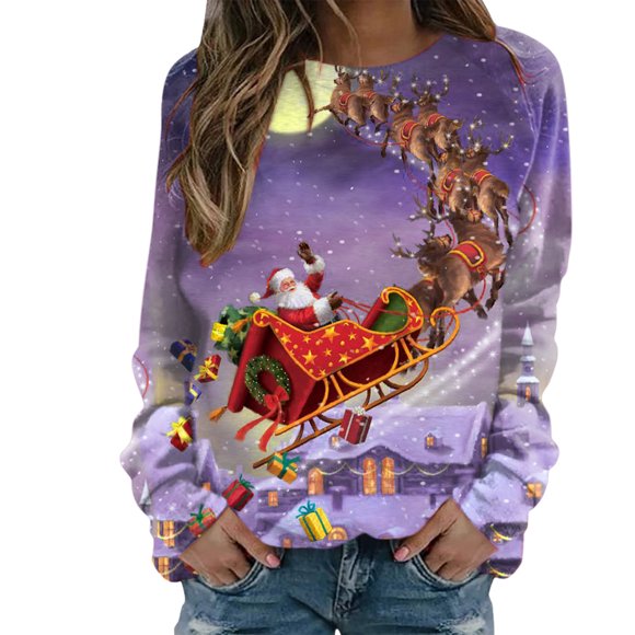 Christmas Women Sweatshirt Crew Neck Warm Sweater Mid Length Jacket Printed Fashion Pullover Long Sleeve Closure Cardigan Holiday Xmas Outwear