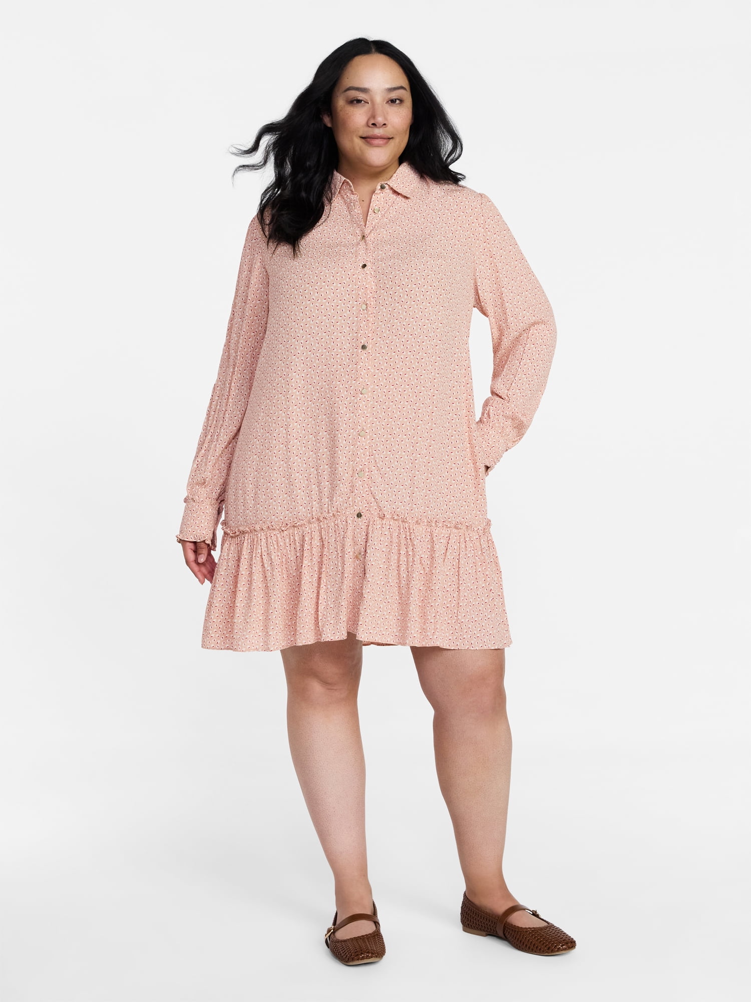 Time and Tru Women's Ruffle Mini Shirtdress, Sizes XS-XXXL