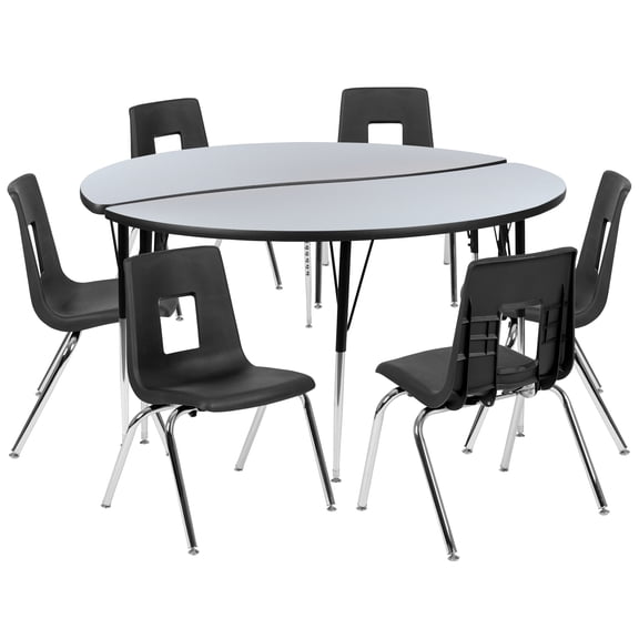 Flash Furniture Emmy 60" Circle Wave Flexible Laminate Activity Table Set with 18" Student Stack Chairs, Grey/Black