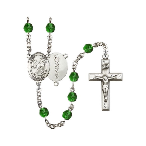 St. Luke the Apostle / Doctor Silver-Plated Rosary 6mm May Green Fire Polished Beads Crucifix Size 1 3/8 x 3/4 medal charm