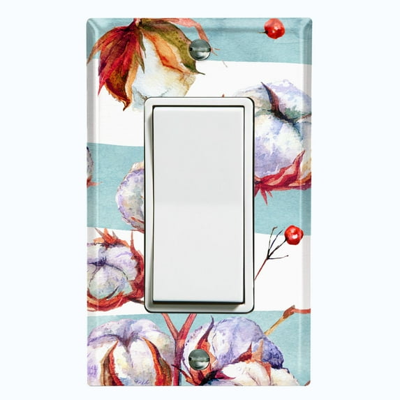 Metal Light Switch Plate Cover Cotton Flower Teal Stripes FLW021