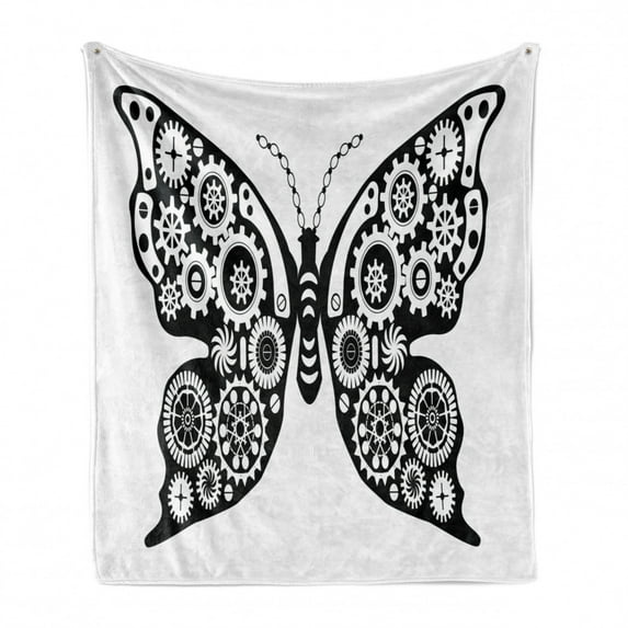 Steampunk Soft Flannel Fleece Throw Blanket, Insect in Vintage Style Butterfly Mechanism with Cogs and Gears, Cozy Plush for Indoor and Outdoor Use, 60" x 80", Black and White, by Ambesonne