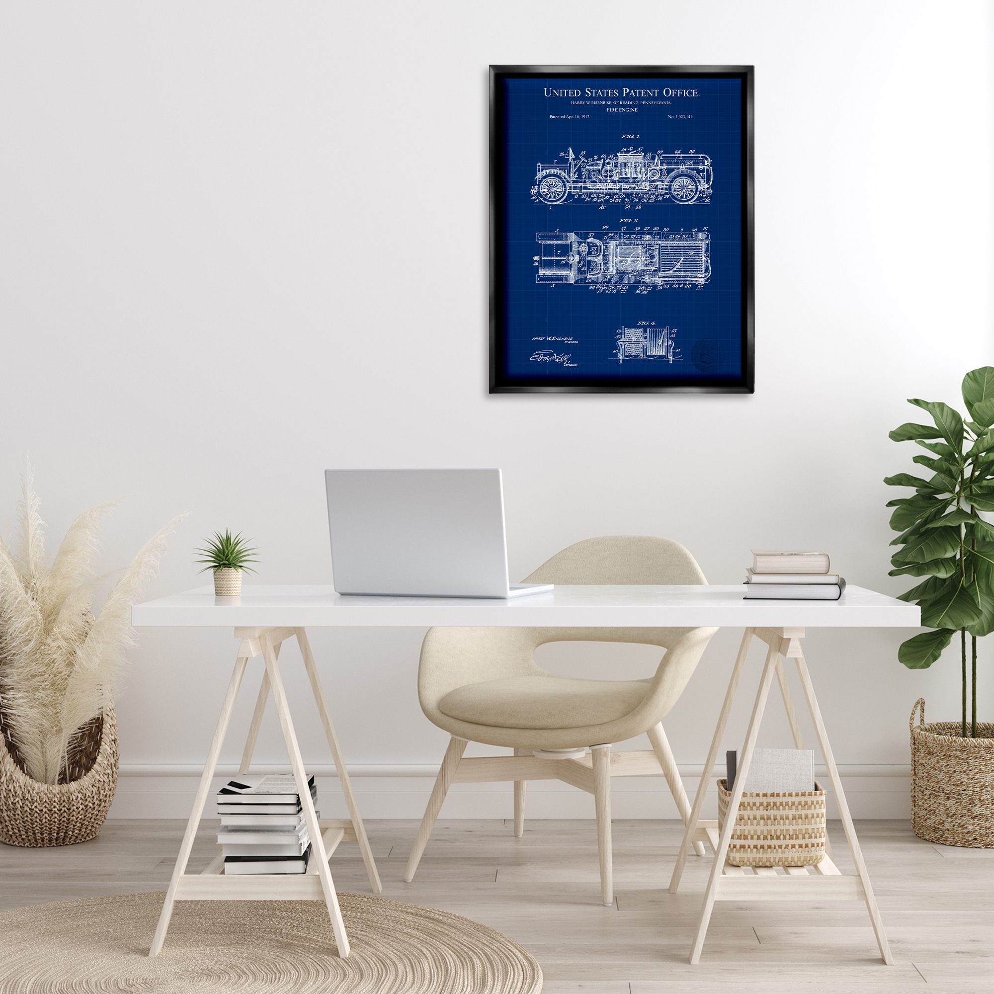 Stupell Industries Fire Engine Blueprint Transportation Painting Black Floater Framed Art Print Wall Art, 25 x 31