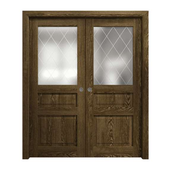 Sliding French Double Pocket Doors 36 x 80 inches | Ego 5011 Marble Oak | Kit Rail Hardware | Solid Wood Interior Bedroom Modern Doors