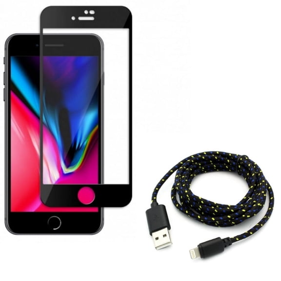 iPhone 7/8 PLUS Screen Protector w 6ft USB Cable - Ceramics Matte Black 3D Curved Edge, Charger Cord Power Wire Braided for iPhone 8 PLUS/7 Plus