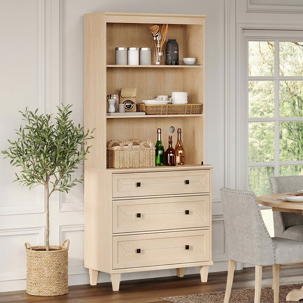 WAMPAT Handmade Patchwork 31.5" Wide Tall Bookshelf with Drawers, Beige