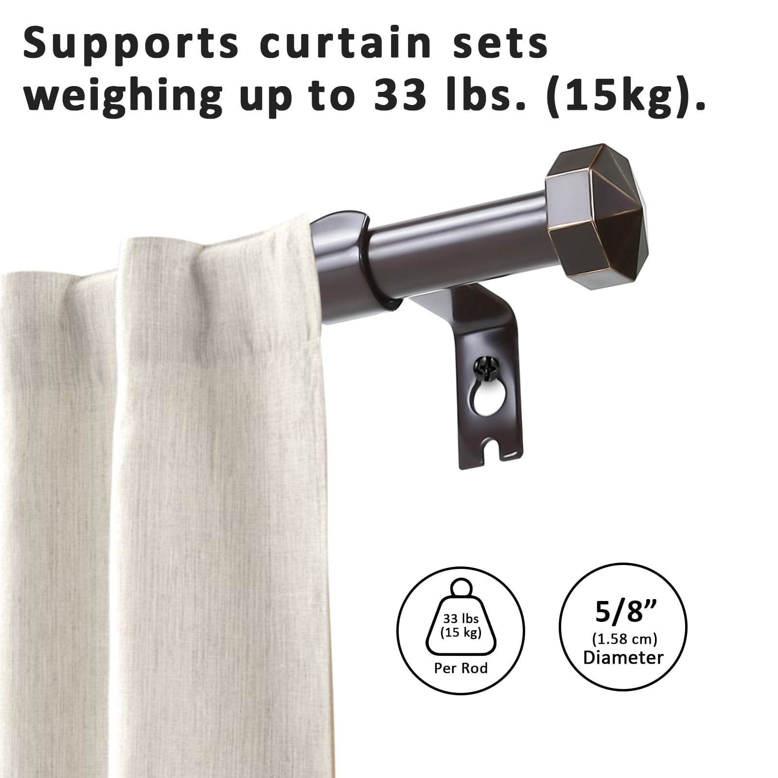 Ridicili 5/8" Single Telescoping Curtain Rod with Octagonal Finials,48"-84",Bronze