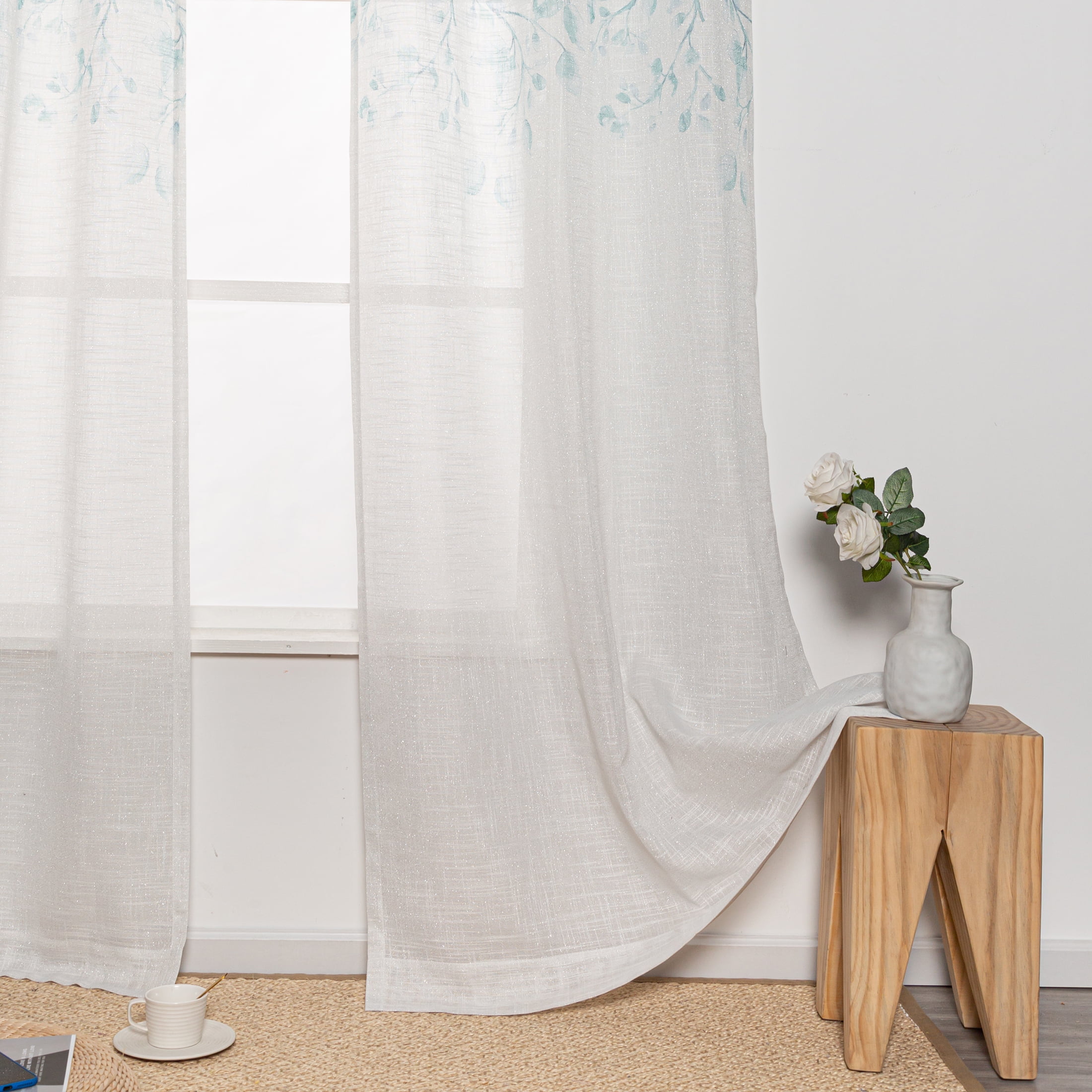 Uptown Home Teal Blue Leaf Floral Print Metallic Sheer Curtain Autumn Fall Window Curtain Panel for Living Room Rustic Sparkling Decorative Grommets Top Farmhouse Drapes,40"x84"x2