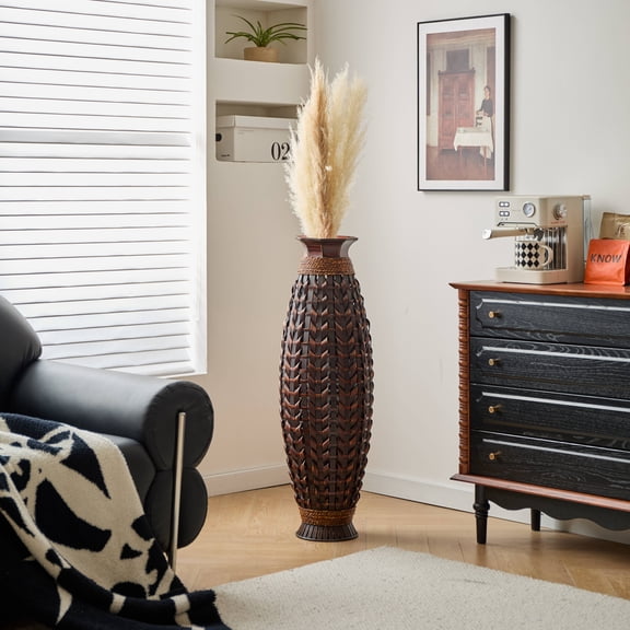 39 Inch Tall Boho Decorative Vase, Handwoven Natural Bamboo Floor Vase for Living Room Entryway, Rustic Farmhouse Woven Vase for Pampas Grass & Dried Branches – Acacia Wood