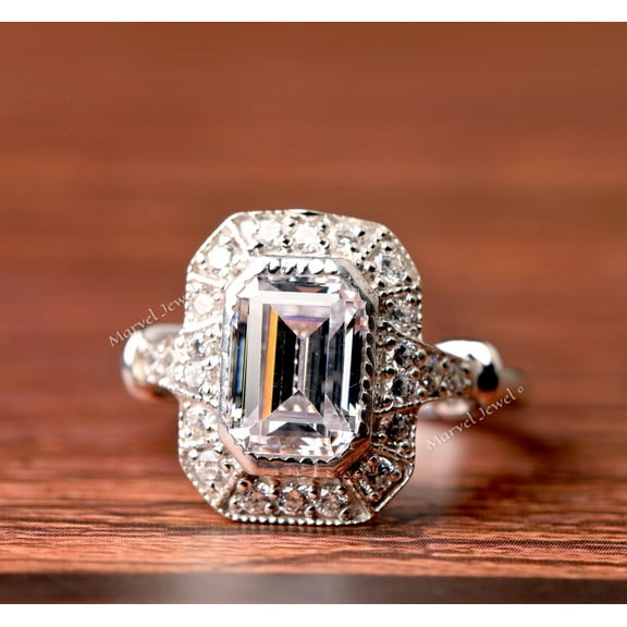 Emerald Cut Diamond Engagement Ring, Beaded Bezel Set Diamond Ring, Halo Diamond Ring, Milgrain Ring, 2.3 Ct Simulated Diamond, 925 Sterling Silver, Wedding Ring For Her
