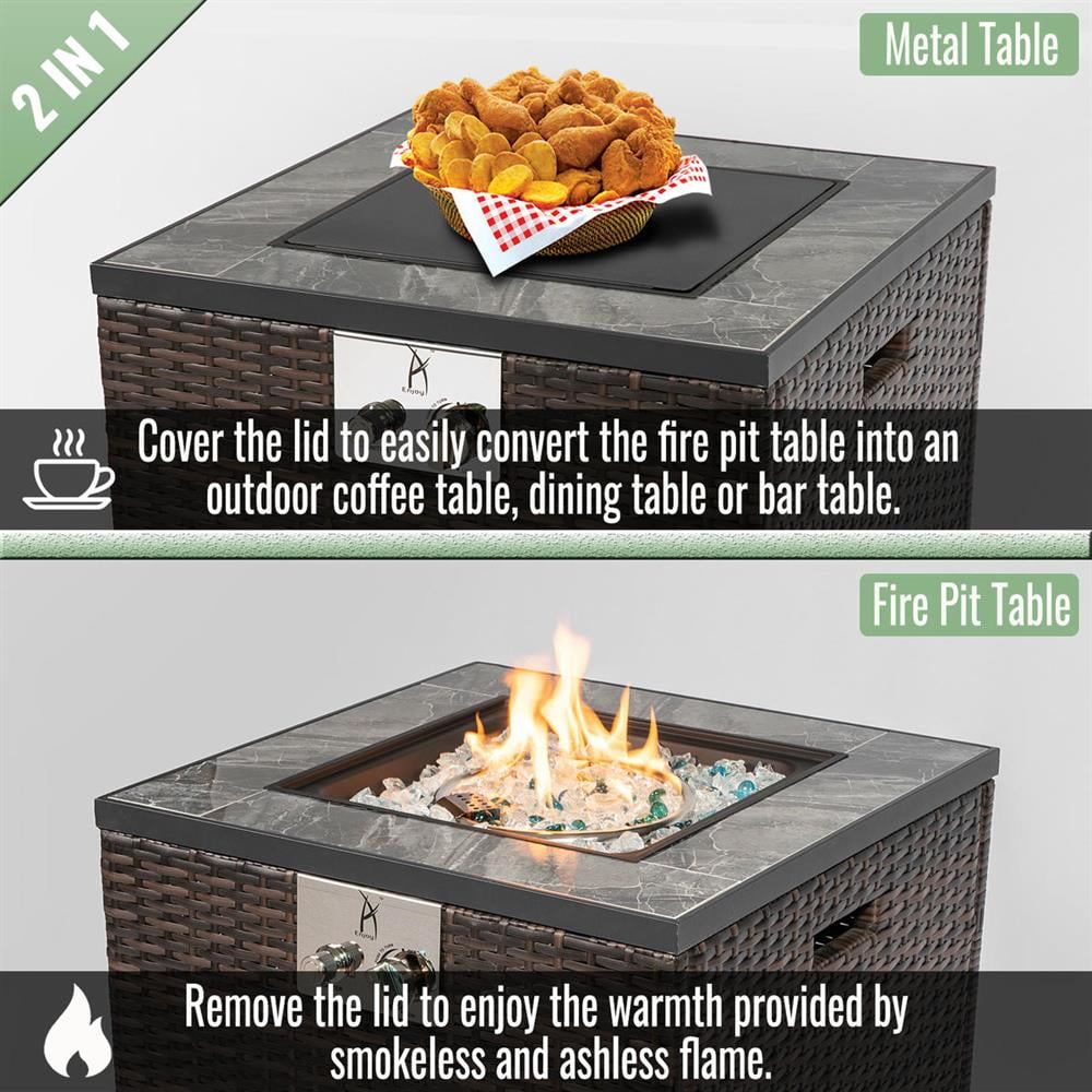 Topcobe Propane Gas Fire Pit Table - Outdoor Patio Decor, Square Fireplace with Tile Top & Wicker Base, Espresso Color 50000 BTU Powerful Heat