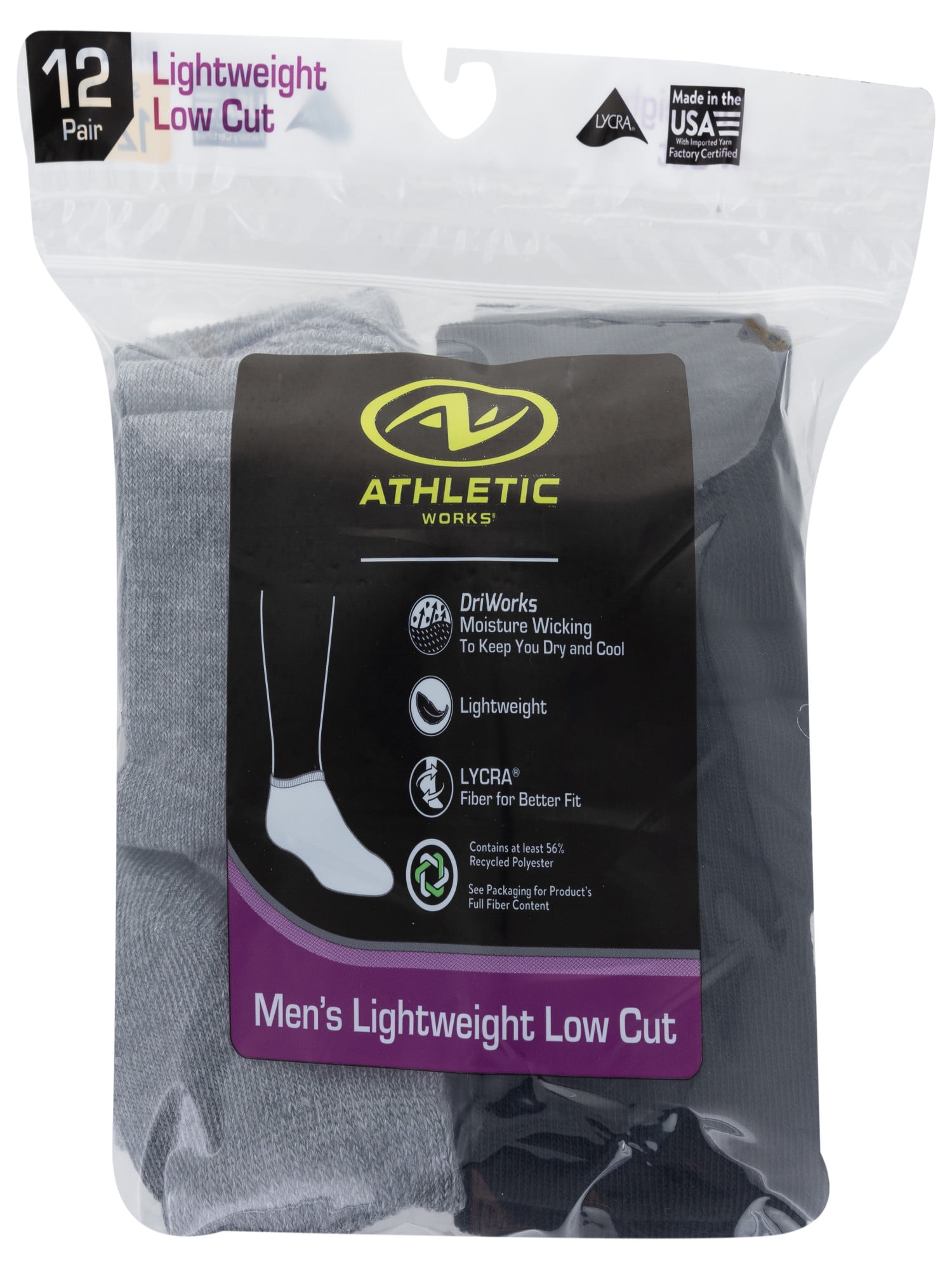 Athletic Works Men's Lightweight Low Cut Socks, 12-Pack, Moisture-Wicking, Lightweight Fabric, Fits Shoe Sizes 12-15