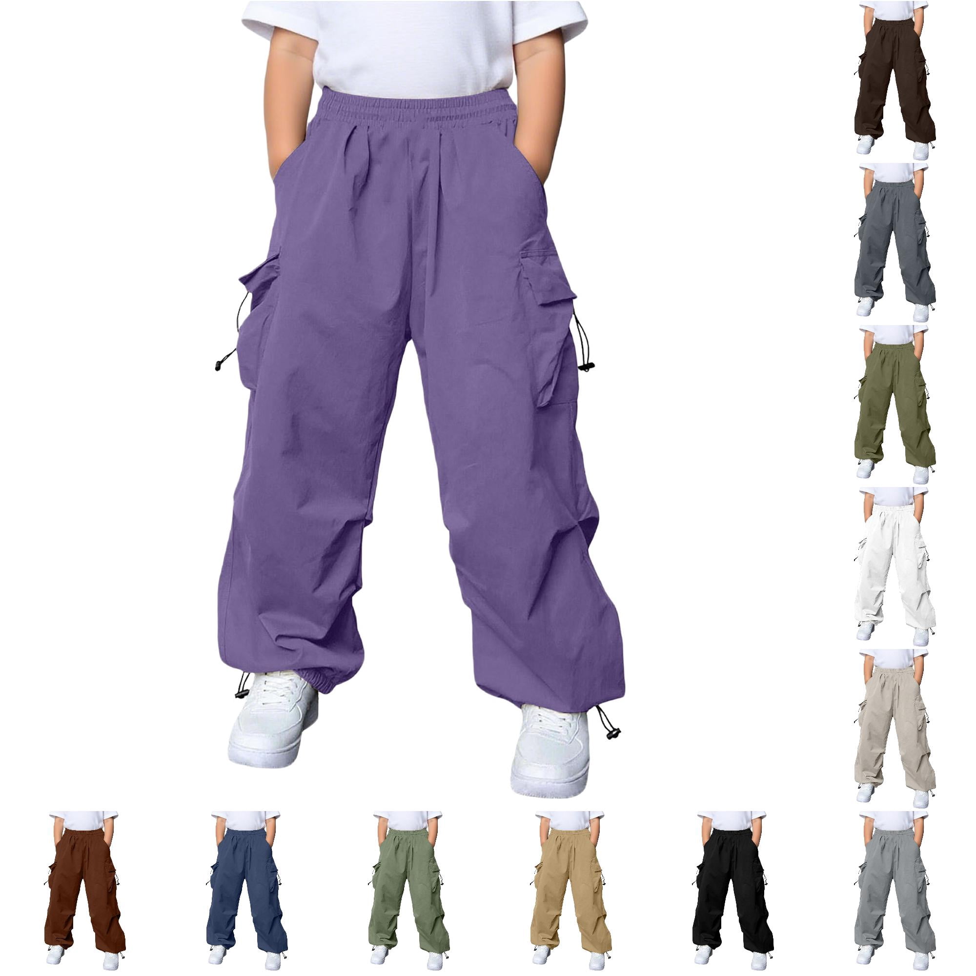 CUZIBR Boys Kids Cargo Pants With Multiple Pockets Elastic Waist Solid Color Loose Quickly Dry Wide Leg Trousers Casual Trousers Lightweight Athletic Breathable Bottoms Purple 14-15 Years
