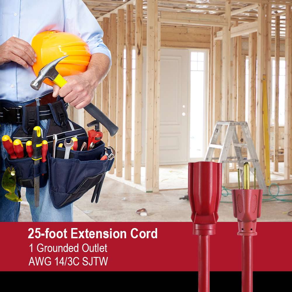 (5 pack) Hyper Tough 25FT 14AWG 3 Prong Red Extension Cord for Indoor and Outdoor Use, 15 Amps