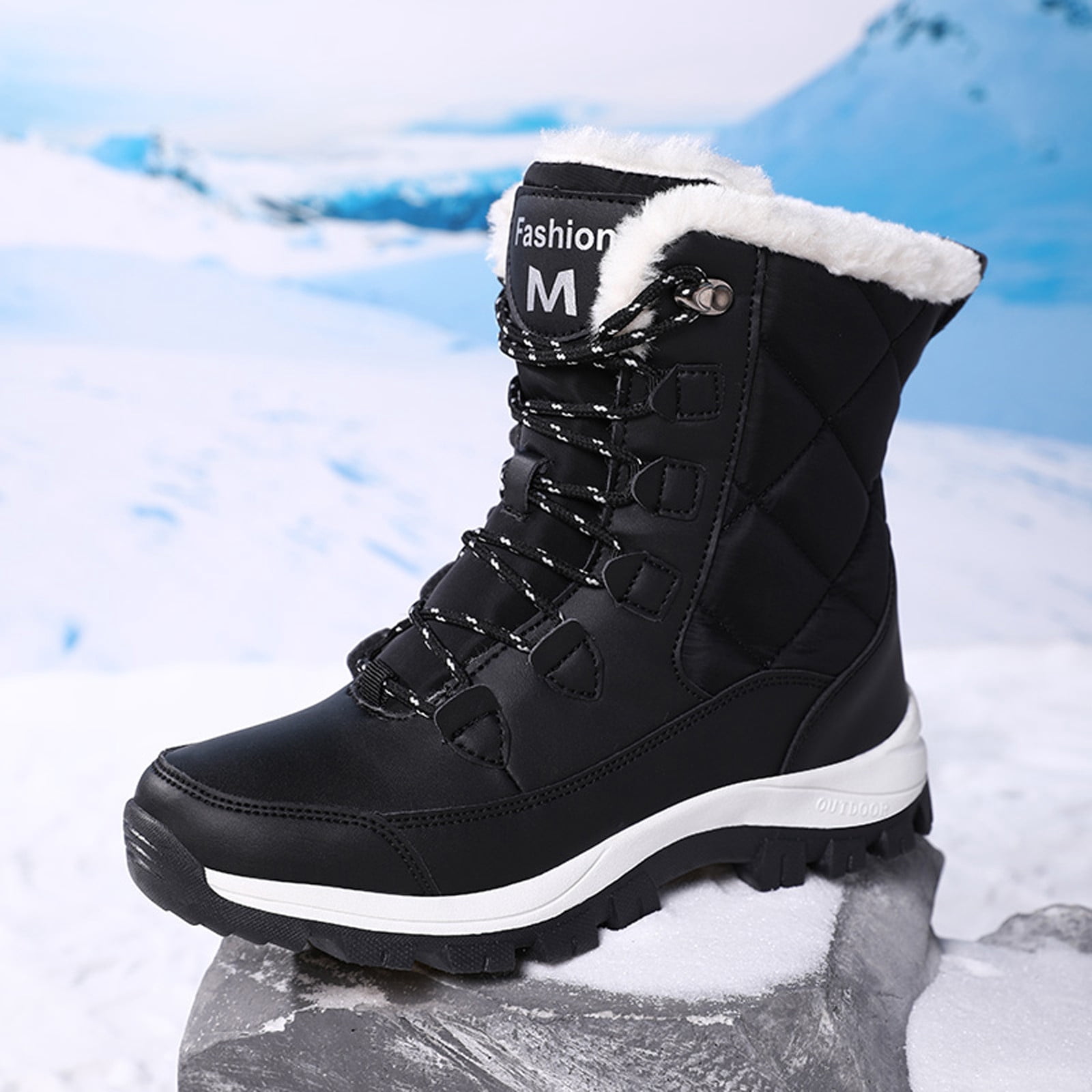Gyexs Womens Snow Boots Waterproof Insulated, Womens Winter Shoes Wide, Adjustable, Bungee, Hiking, Bump Toe, Outerwear, Black, Size 7