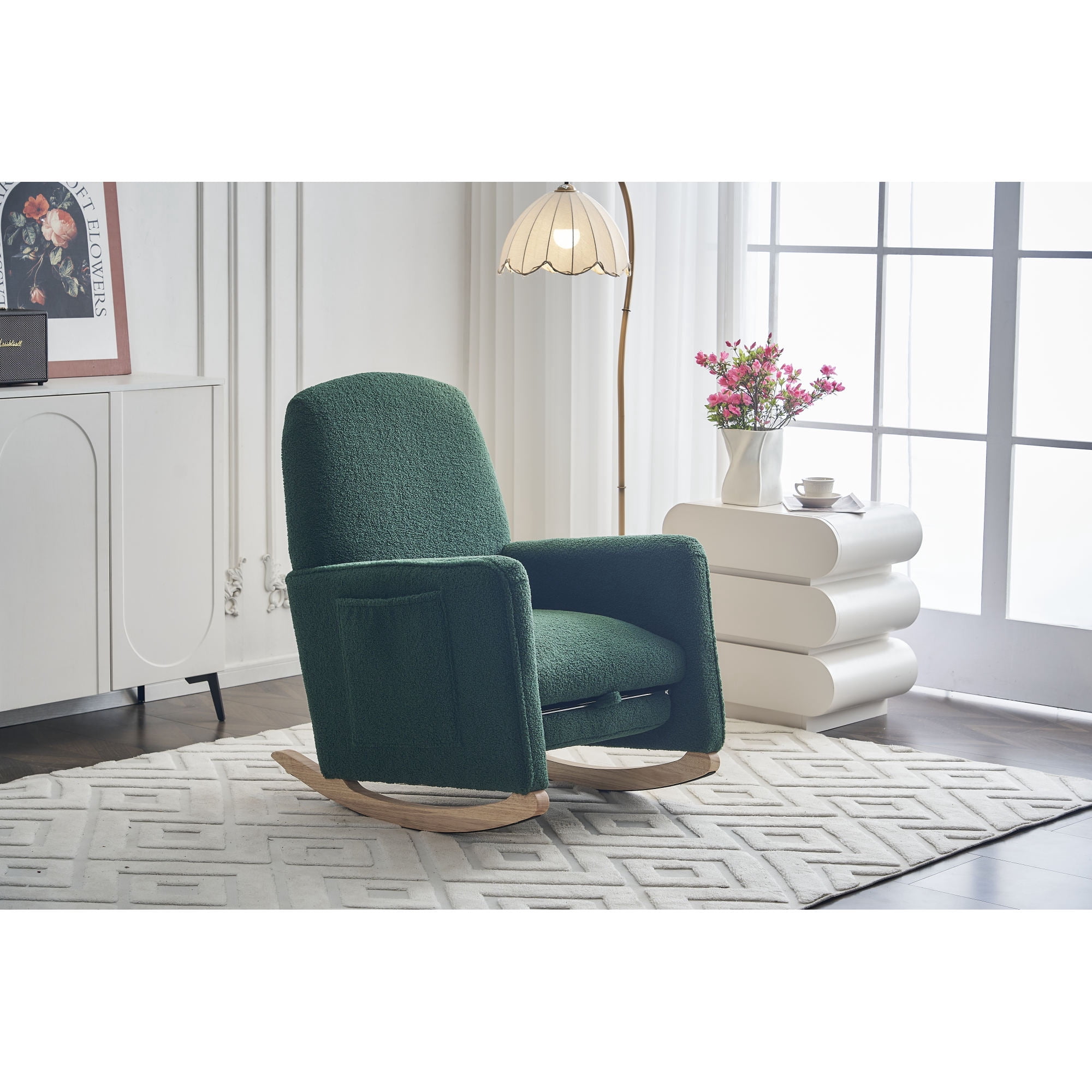 Leumius Nursery Rocking Chair,Teddy Fabric Upholstered Glider Rocker Chair with Adjustable Footrest,Comfortable Rocker Recliner with Side Pocket for Living Room, Bedroom, Nursing Room,Green