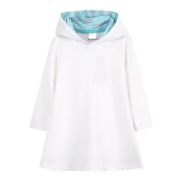 FAOWME Robe Sweat à Capuche pour Filles Couleur Unie Robe d'École pour l'Été Blanc 4-5 Ans