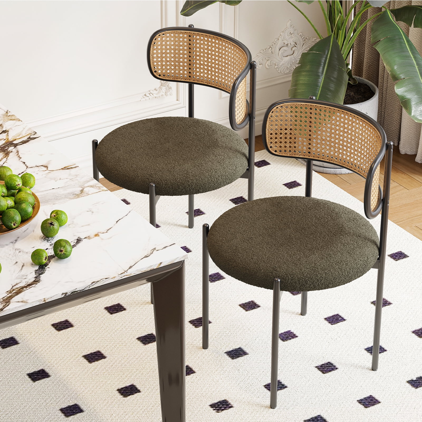STARY Upholstered Dining Chair Set of 2, Rattan Backrest Kitchen Chair, Green