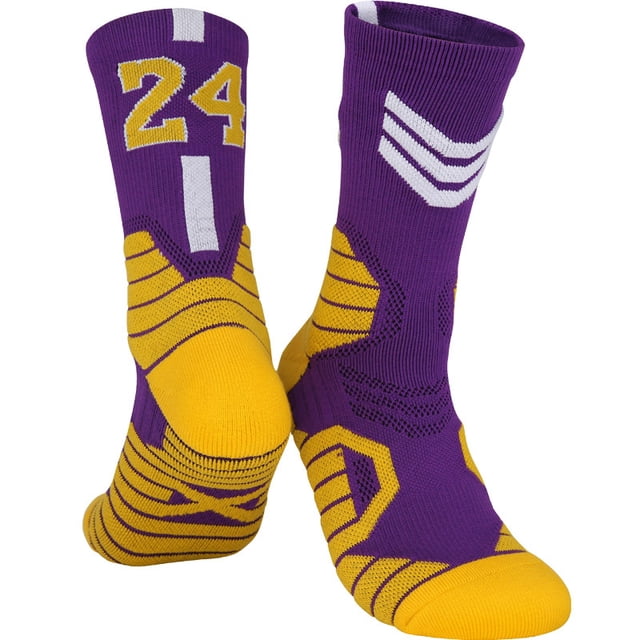 Professional Men's Basketball Socks Number Sports Socks Knee High Thickened Towel Bottom Cycling Running Fast-drying Breathable Adult Non-Slip Child Adult Socks for (33-38)Kids ( KB 24-Purple White