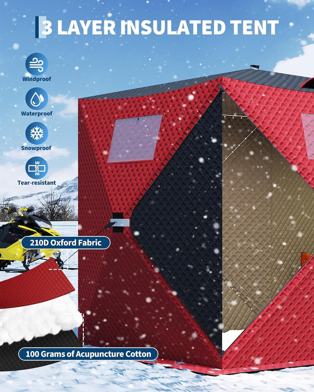 Lumiparty Pop Up Ice Fishing Tent Fully Insulated, Portable 6-8 Person Ice Fishing Shelter, Waterproof Oxford Fabric, Winter Windproof Hut Snow Hub with Anchors, Ropes & Carry Bag, Red & Black