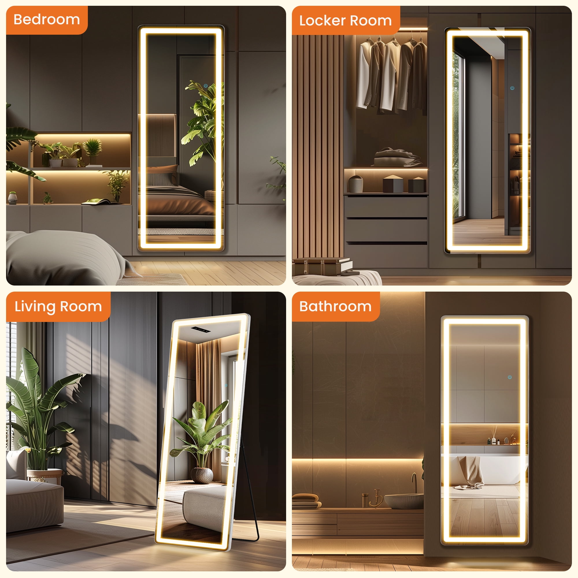 MAYEERTY 71" × 26" LED Full Length Mirror, 3 Color Lighting Floor Standing Mirror with Bracket