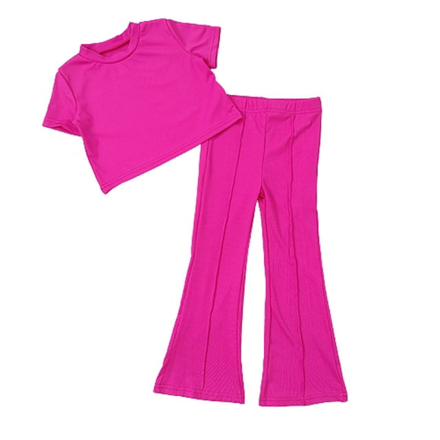 Ropa Para Niñas Bebés Traje Para Niños Pequeños Nuevo Estilo Para Niños Moda Casual Camiseta De Color Sólido Pantalones Acampanados Pantalones Traje De Manga Corta Rosa Fuerte Odeerbi LM103-7878