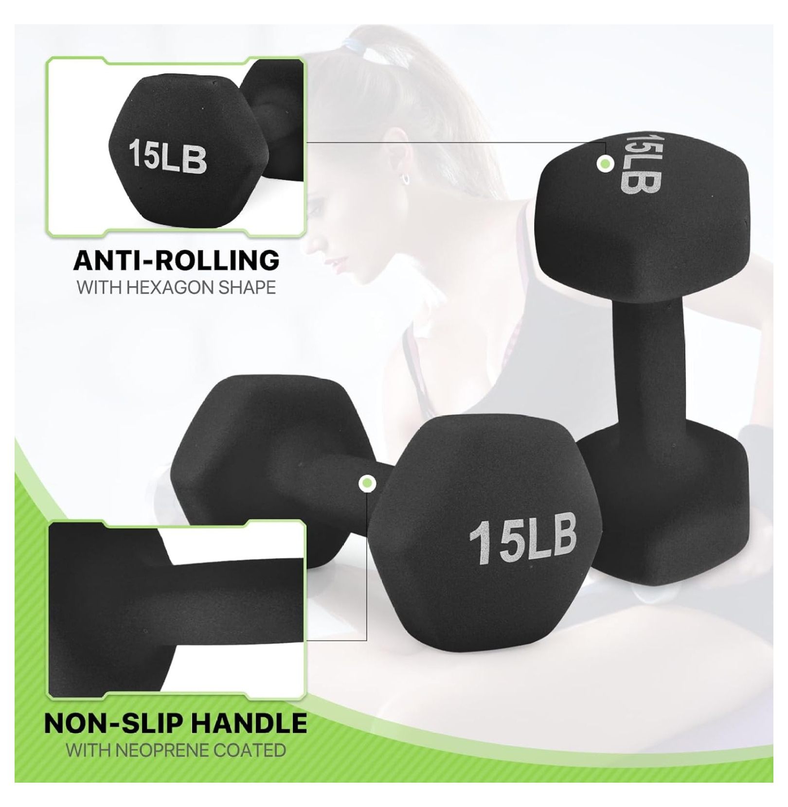 Dumbbells Hand Weights Set, Neoprene Coated Hexagon Workout Dumbbell for Women and Men, 1, 2, 3, 5, 8, 10, 12, 15lbs - Pair