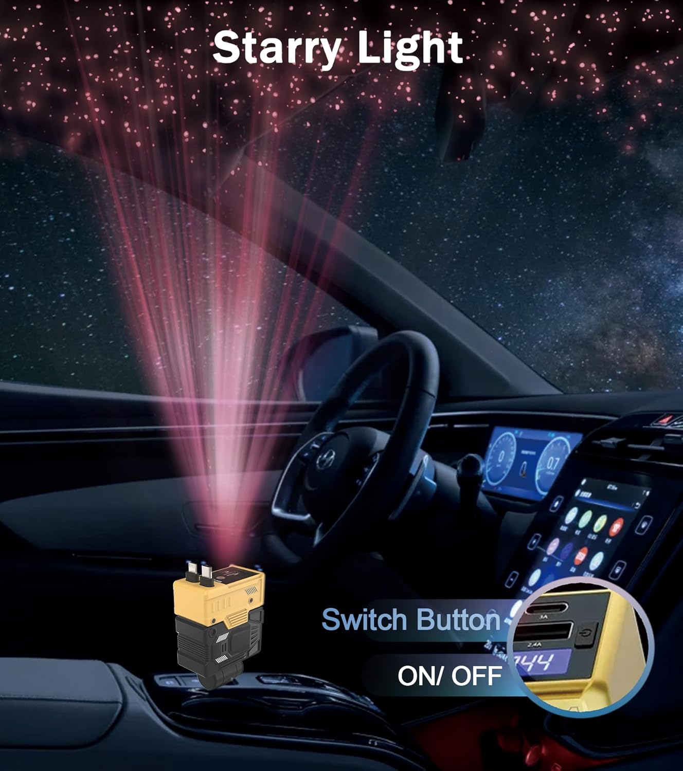 Retractable Car Charger with Starry Light, 4 in 1 Retractable Phone Charger with 66W Fast Charging, 2 Retractable Cables & 2 USB-C USB-A Port Compatible for iPhone 16/15/14/13/12/11,Samsung, Yellow