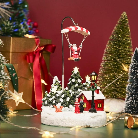 Resin Rotating Christmas Village House Statue Christmas Village Scene Ornaments Desktop Christmas Village Scene with Santa in Swing
