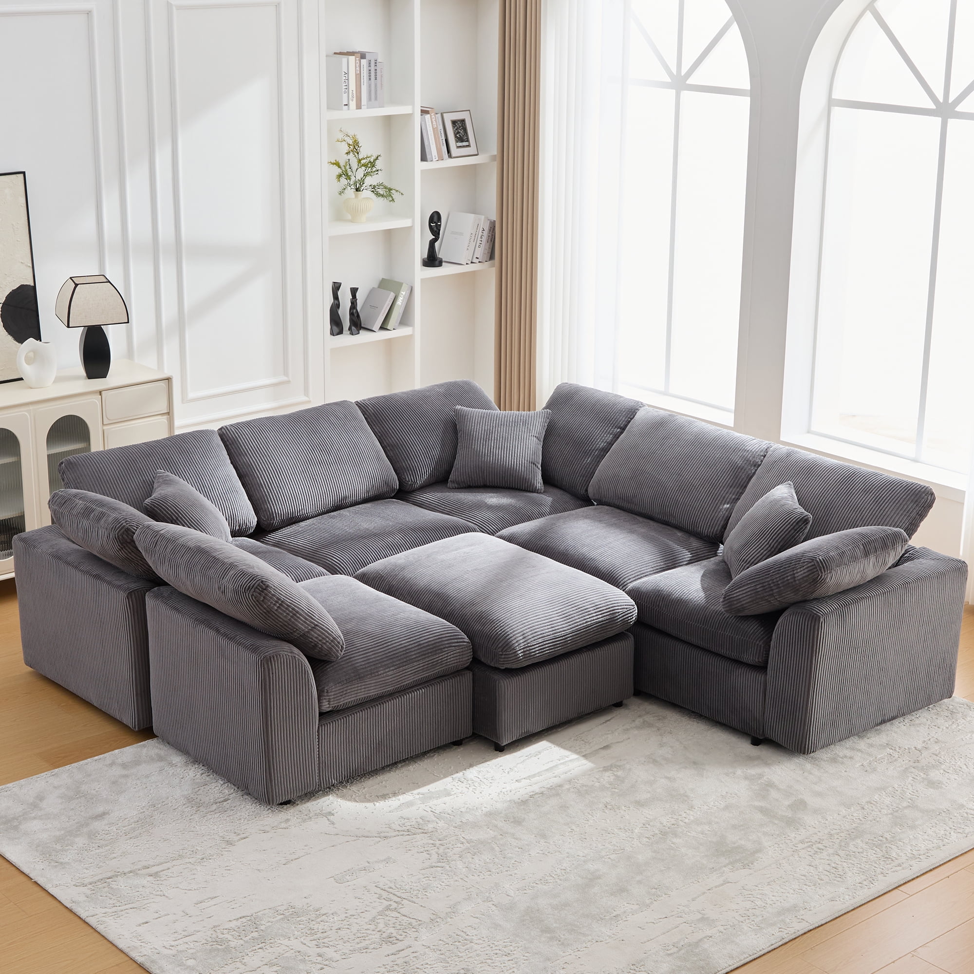 BINBANK Oversized 7-Seater Modular Sectional Sofa with Solid Wood Frame, Corduroy L-Shaped Sectional Couch with Movable Ottoman  Gray