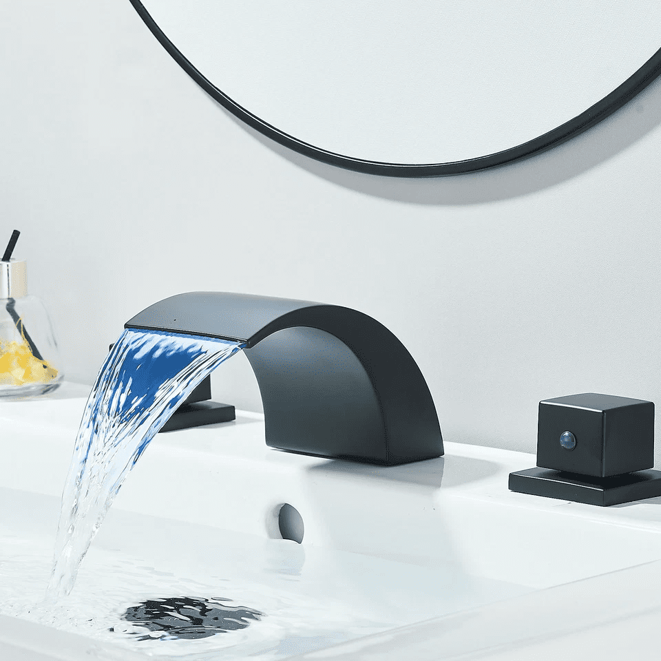 Zovajonia 3 Hole Bathroom Faucet, Matte Black Dual Crystal Knobs Vanity Basin LED Sink Faucet Mixer Bronze Bath Faucets ,Widespread bathroom faucets for sink 3 hole Waterfall Tub Faucet