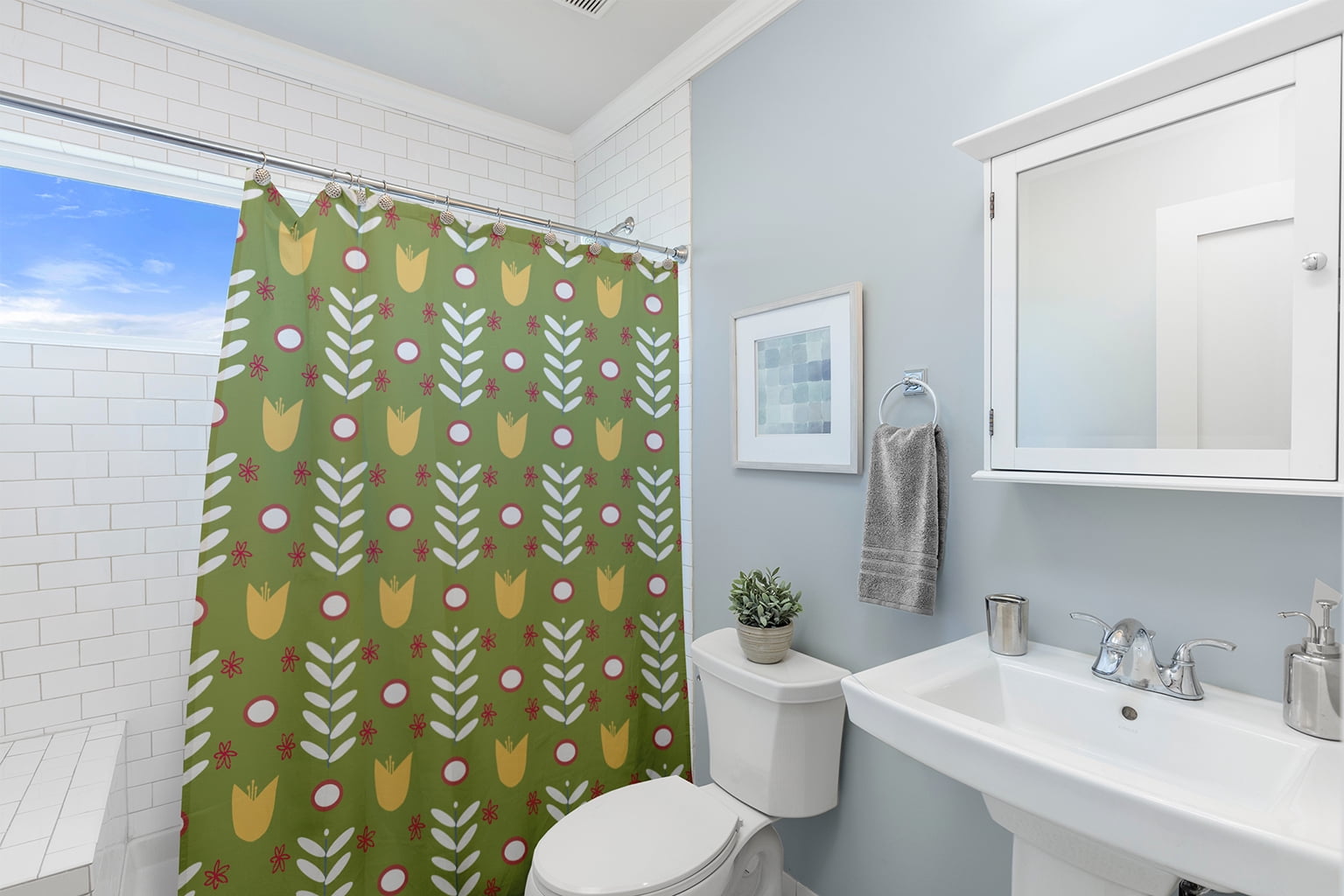 Simply Daisy 70" W x 73" L Spring Garden Polyester Shower Curtain, Apple Green [1 Ct]